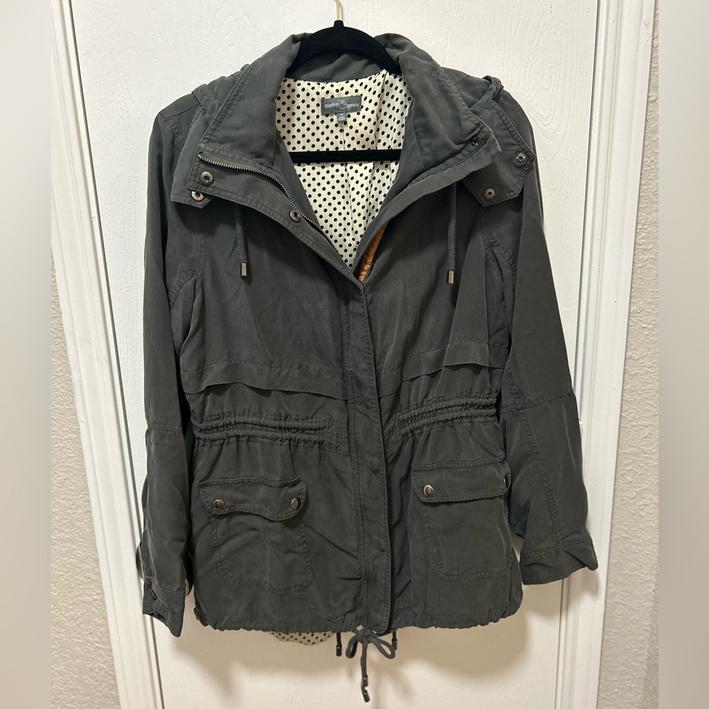 Market & Spruce Grey Anorak Utility Jacket Polka Dot Lining Removable Hood Sz M